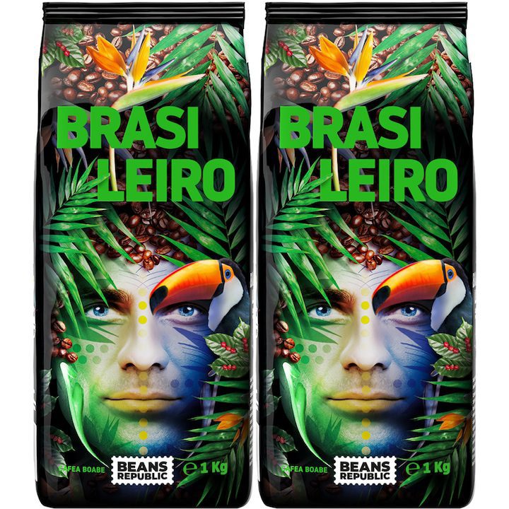 Pachet 2x Cafea boabe Brasiliero 100% Arabica Beans Republic 2kg aroma ciocolata si nuci