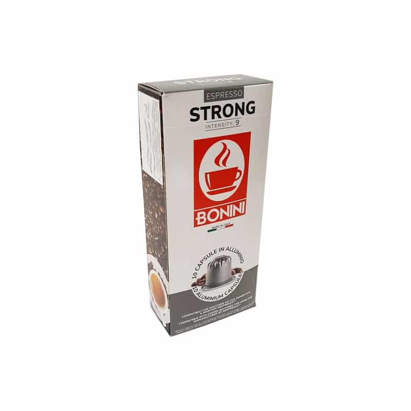 Bonini Strong 10 capsule cafea Nespresso aroma ciocolata nuci 80% Arabica